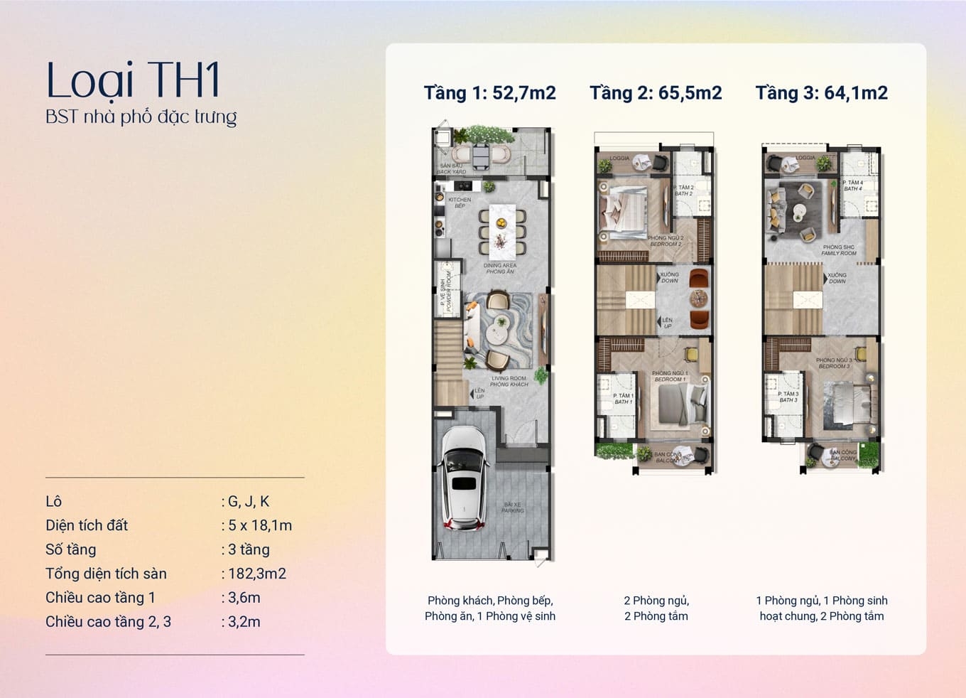 Mặt bằng thiết kế nhà phố đặc trưng loại TH1 3 tầng 5x18.1m có diện tích xây dựng 182m2
