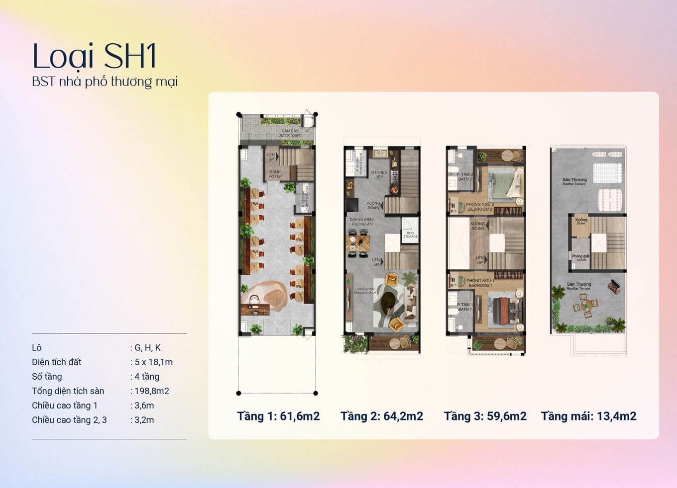 Mặt bằng thiết kế nhà phố Shophouse loại SH1 4 tầng 5x18.1m có diện tích xây dựng 198m2.